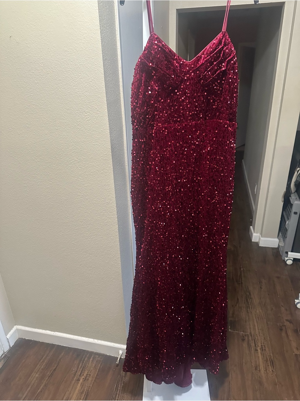 Burgundy Sequin Spaghetti-Strap Prom Gown new without tags